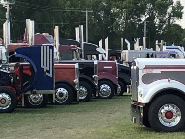 The fronts of six semi tractors lined up
